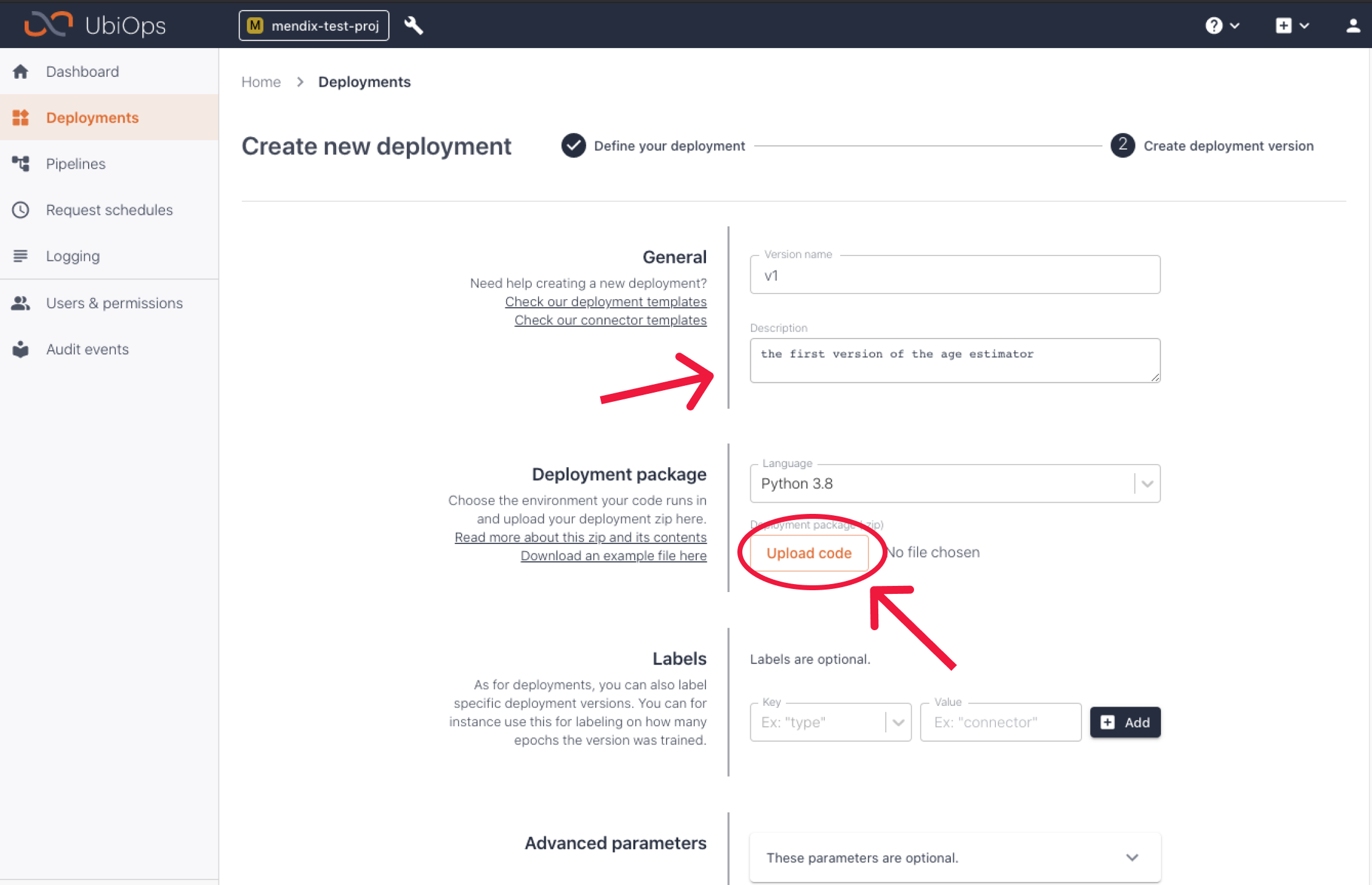 Figure 6: Uploading our code (deployment package) in UbiOps